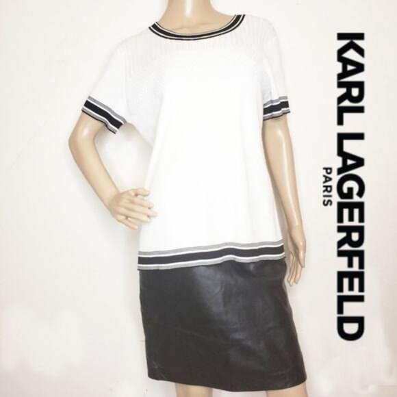 Karl Lagerfeld Paris NWT White & Black Knit Short-Sleeve Top Ribbed Trim Detail - Picture 11 of 12
